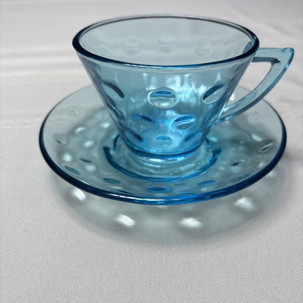 Vintage Hazel Atlas Blue Glass Capri Dot Cup and Saucer Depression Glass